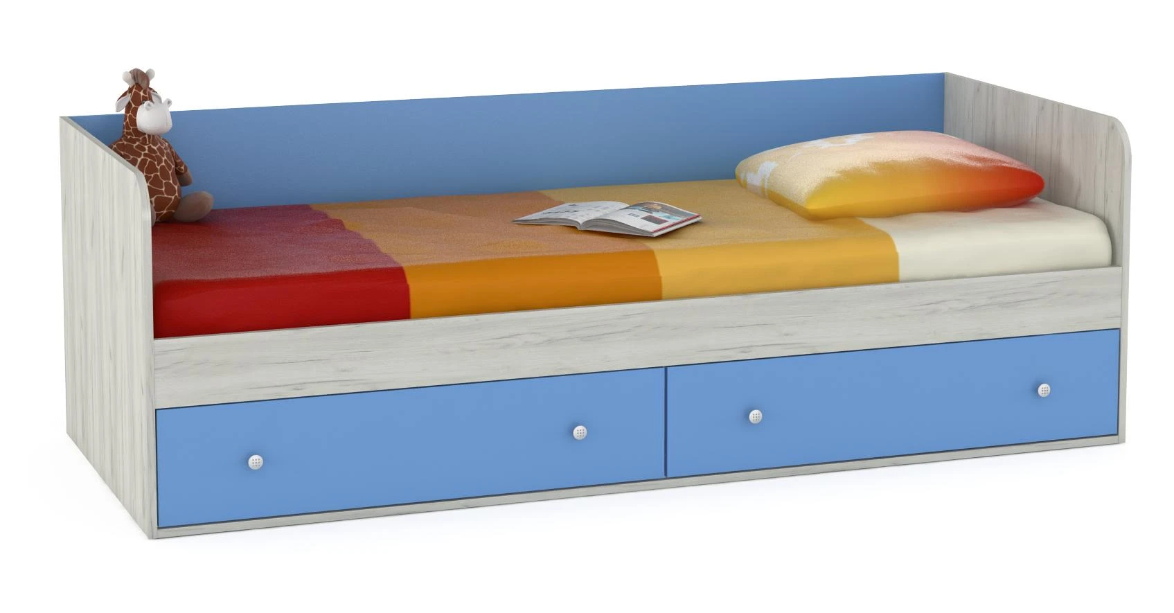 Кровать с ящиками детская белая с голубыми ящиками