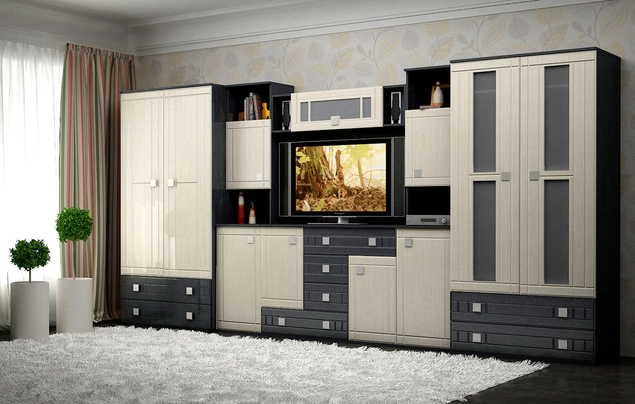 Мебель в гостиную в современном стиле со шкафом для одежды и комодом фото
