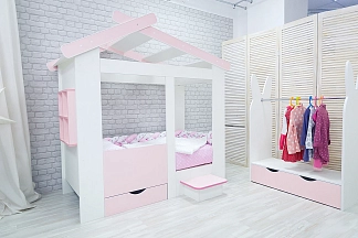 Кровать-домик Ивдель с ящиком и ступенькой розовый S